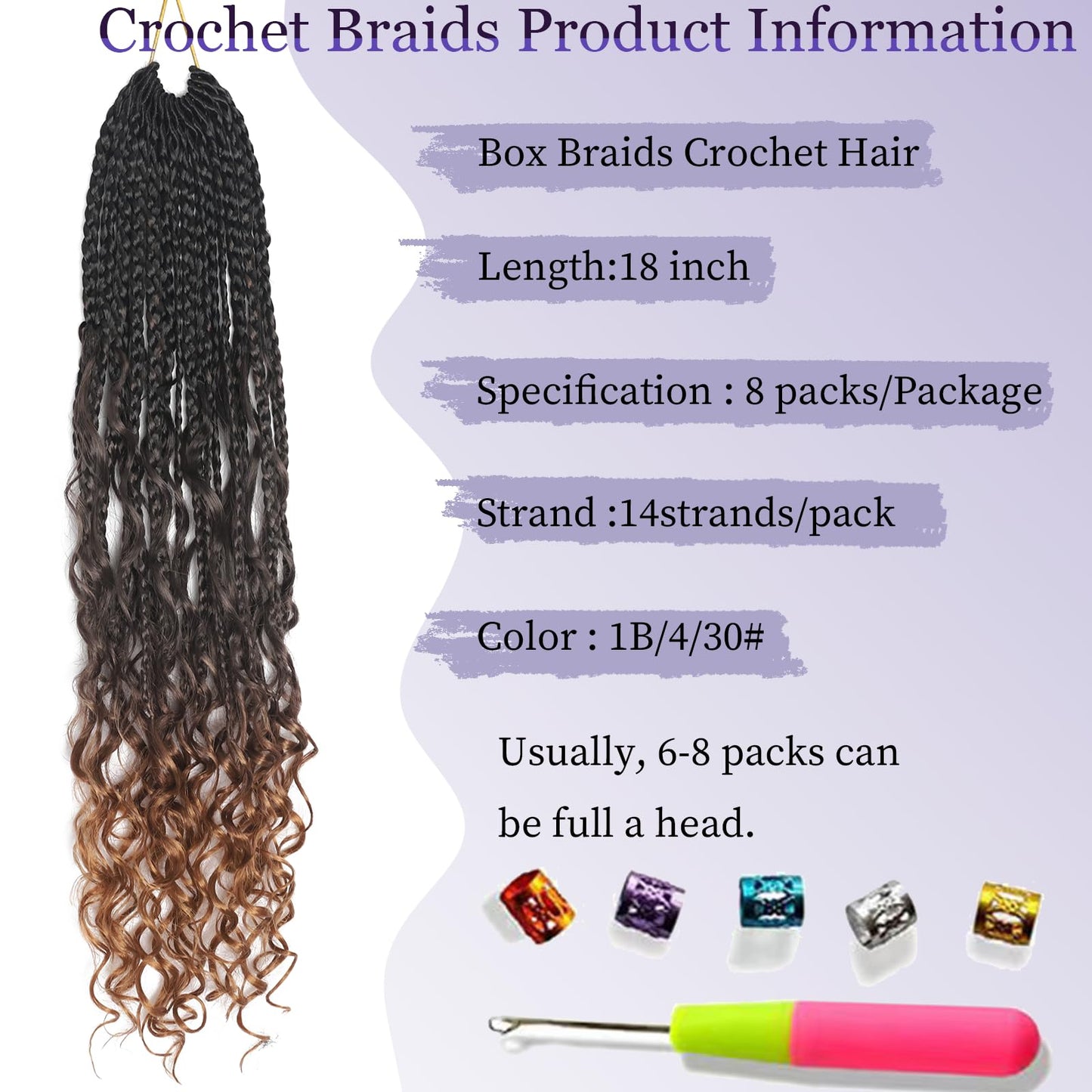 18 Inch Goddess Box Braids Crochet Hair 8 Packs Pre-Looped Box Braids Crochet Hair Boho Box Braids Crochet Hair Pre Looped Crochet Braids for Black Women (18 Inch,1B/4/30)