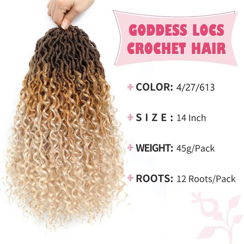 Alicoco Goddess Locs Crochet Hair 14 Inch 8 Packs Faux Locs Crochet Hair For Women Boho Soft Locs Pre-looped River Crochet Locs With Curly Ends (14 Inch (Pack of 8), 4/27/613)