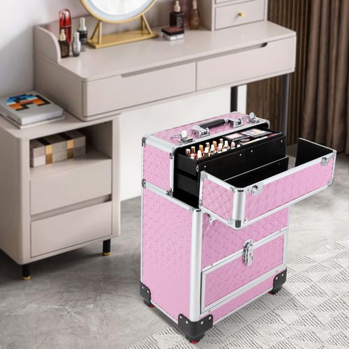 Rolling Makeup Train Case with Drawers&4 Wheel, Professional Aluminum Cosmetic Trolley Cases, Manicure Storage Case Trolley Makeup Case, Portable Beauty/Hair Styling Travelling Cart Trunk (Pink)