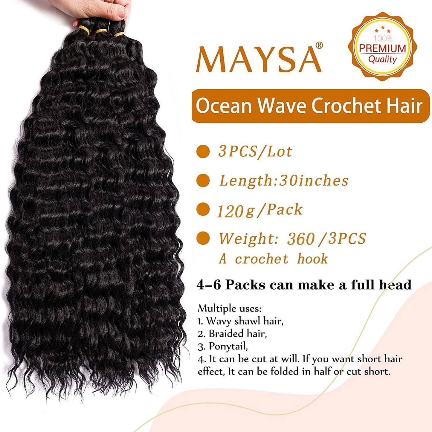 MAYSA Ocean Wave Crochet Hair Extensions Curly Braidng Crochet Hair 30 in 3Packs Deep Wave Crochet Hair Extensions for Black Women #1B Natural Black