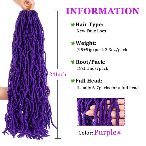 ZRQ 24 Inch 2Packs Purple New Faux Locs Goddess Soft Locs Crochet Braids Hair Curly Wavy Pre-Looped Synthetic Soft Locs Dreadlock Hair Extensions (24 Inch, 2Packs, Purple#)