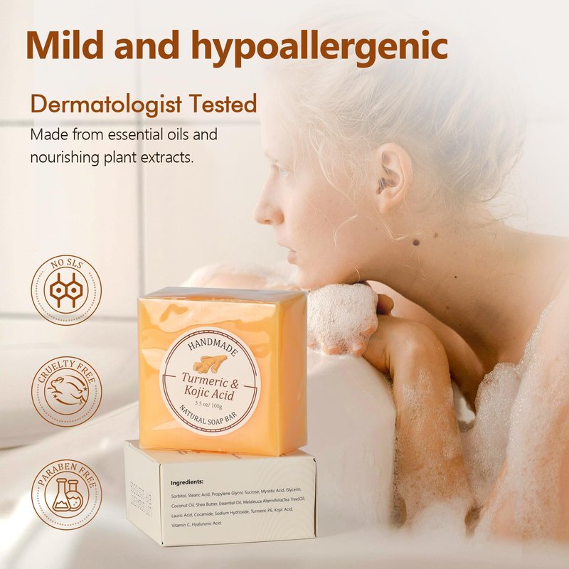 PALFICAB Kojic Acid Soap for Dark Spots & Uneven Skin Tone – Turmeric Brightening Cleansing Bar with Vitamin C, Shea Butter & Hyaluronic Acid – Face & Body Soap for Radiant-Looking Skin, 3.5 oz