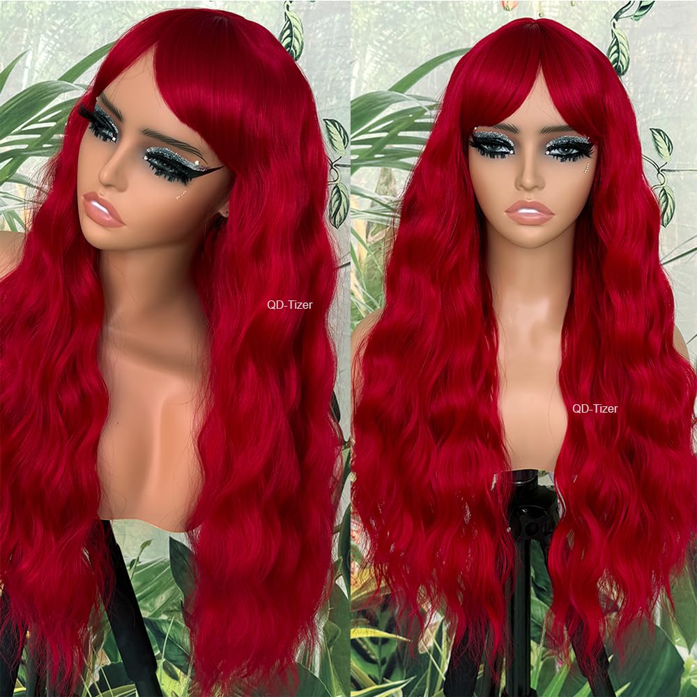 QD-Tizer Red Wig with Bangs Long Wavy Curly Hair Wigs for Women Loose Curly Heat Resistant Synthetic Fiber Wigs for Daily Party Use