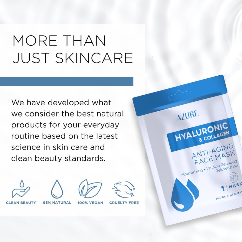Azure Cosmetics Hyaluronic Acid & Collagen Anti Aging Sheet Facial Mask - Rejuvenating & Moisturizing Face - Helps Reduce Fine Lines & Wrinkles, Tightens & Smooths - Made in Korea - Pack of 5