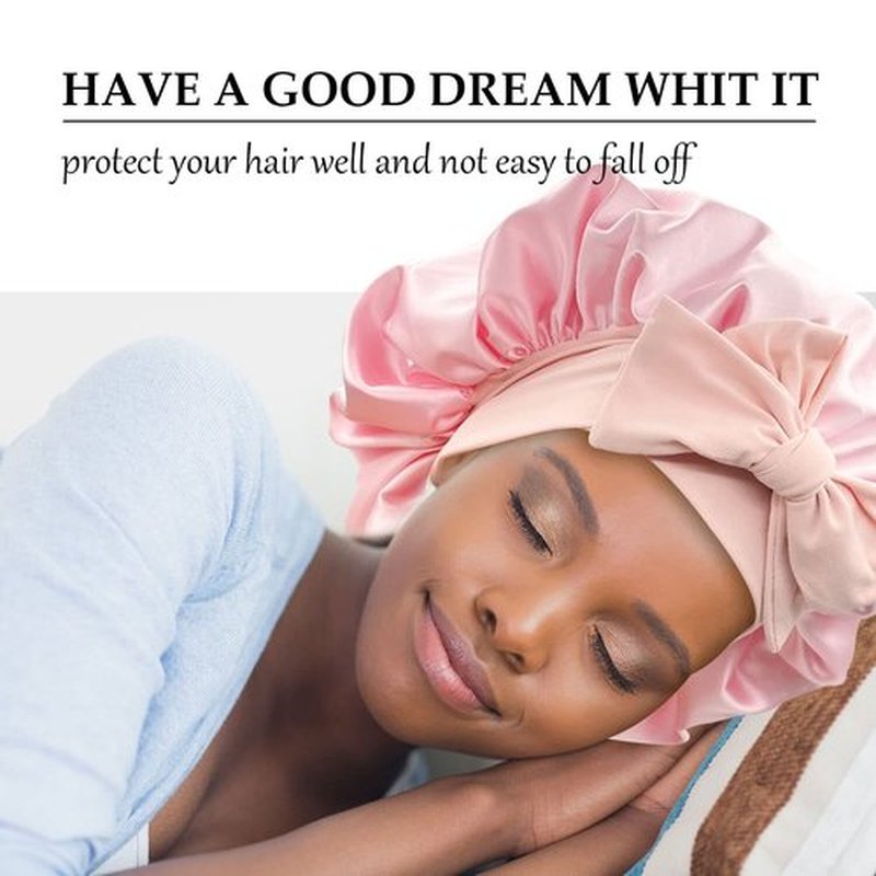 Satin Bonnet Silk Bonnet Hair Bonnet for Sleeping Large Bonnets with Tie Band Hair Wrap with Adjustable Straps Hair Cap Night Sleep Caps for Women Curly Braid Hair(Black,Pink)
