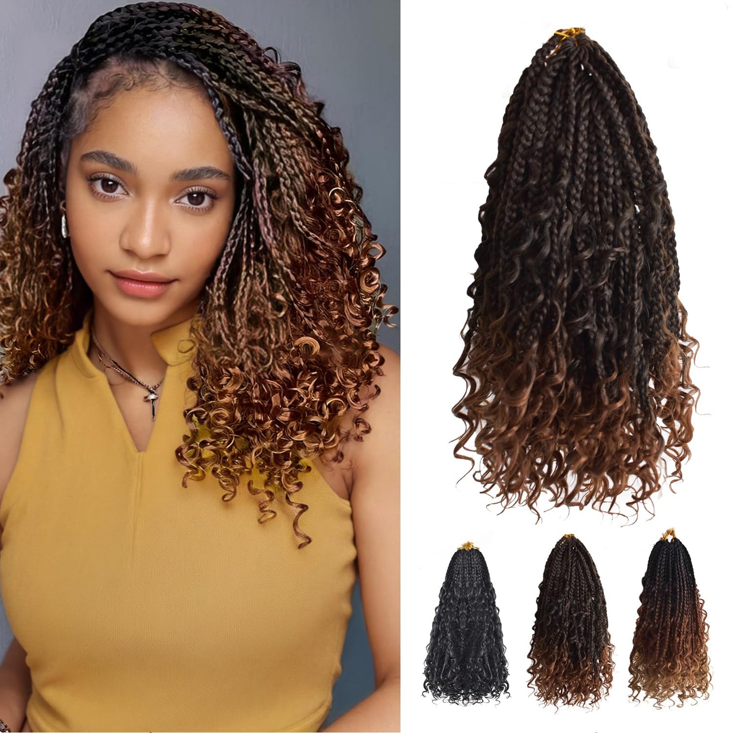 SHDanrtsey 15 Inch Goddess Bohemian Box Braids Crochet Hair 128 Strands Curly Ends 8 Packs Synthetic Braiding Hair Extensions for Black Women(1B/30)