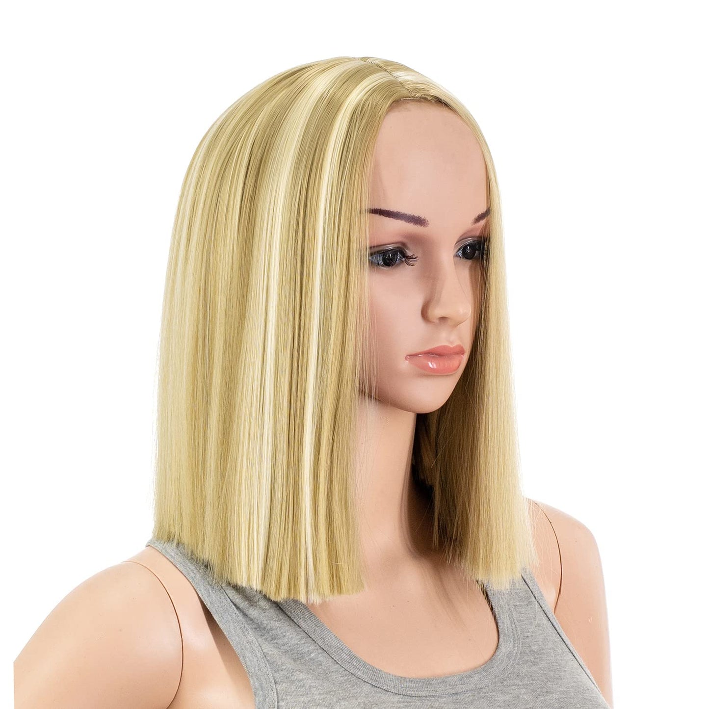 SWACC 12 Inch Short Length Straight Middle Part Hair Wig Synthetic Heat Resistant Wigs for Women with Wig Cap (Dirty Blonde Highlights)