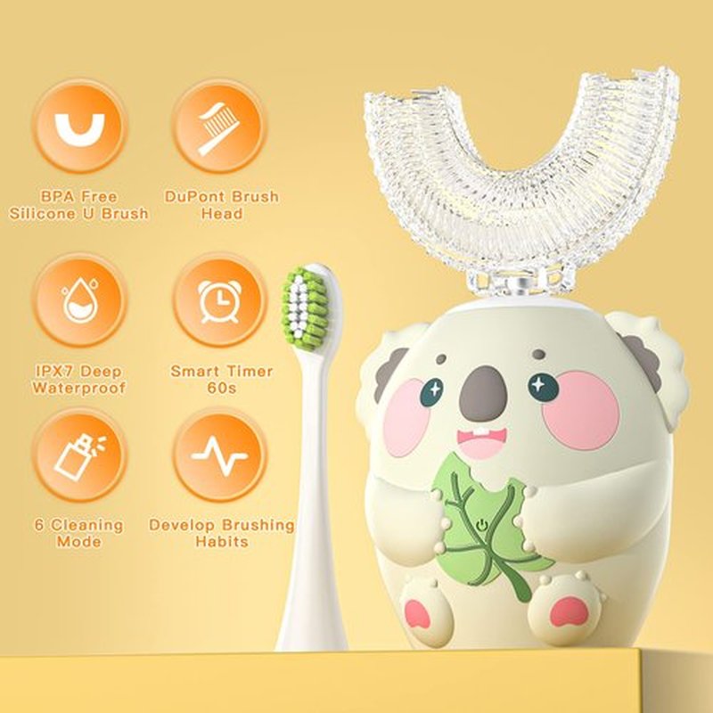 ELOTAME Cartoon Kids U Shaped Electric Toothbrush with 4 Brush Heads,Full Mouth 360-Degree Cleaning Sonic Automatic Toothbrush with IPX7 Waterproof (8-15 Age Grey with Cup)