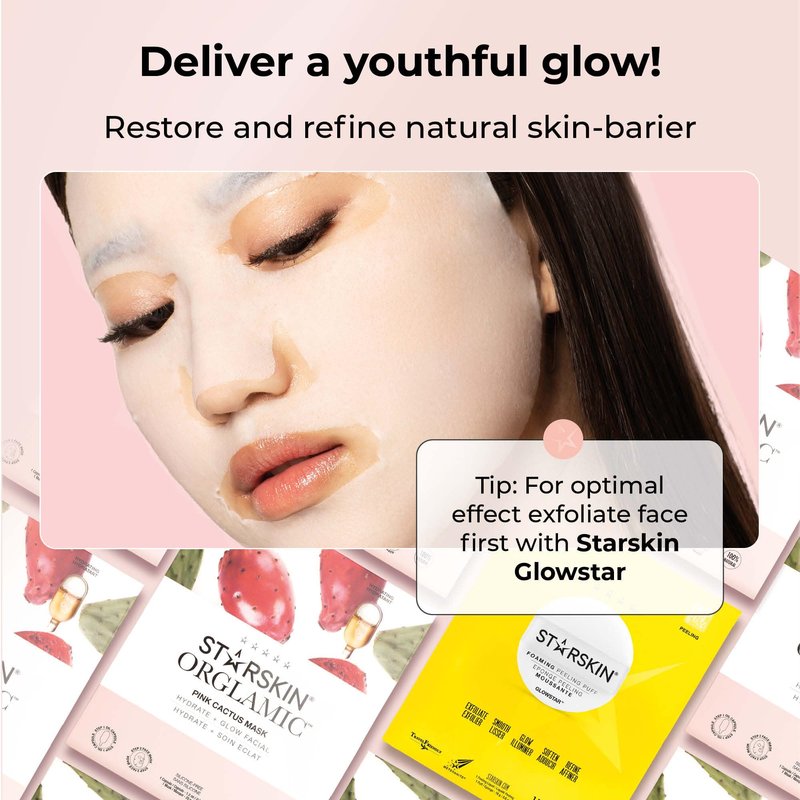 STARSKIN Orglamic Pink Cactus 2-Step Sheet Mask 4x25g, Hydrating & Firming Face Mask for all Skin Types, Revitalizing and Nourishing with Tumeric and Camellia Oil, K Beauty Skincare