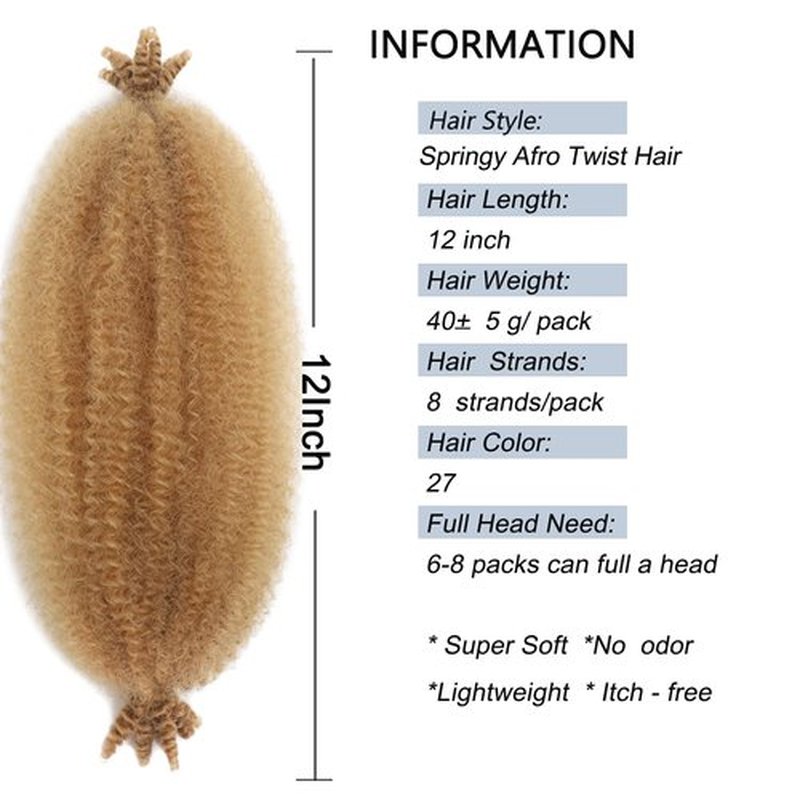 12 Inch Springy Afro Twist Hair 8 Packs Marley Twist Braiding Hair Pre-fluffed Spring Twist Hair Kinky Hair Afro Twist Hair Marley Hair for Faux Locs (12 Inch (Pack of 8), 27# Marley Twist)