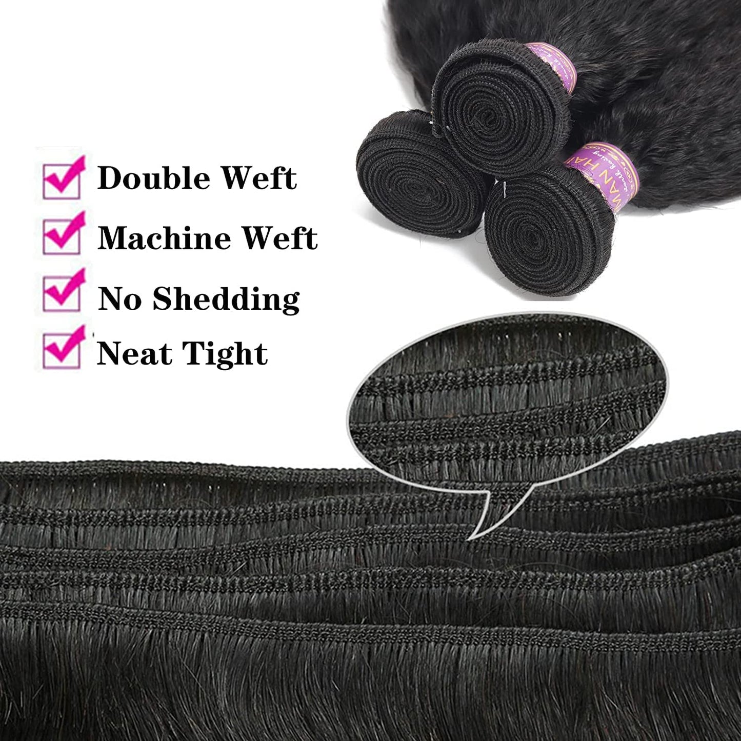 Vligcor Kinky Straight Human Hair Bundles With 4x4 Lace Closure Free Part 14 14 14+12 Inch Natural Black 100% Unprocessed Brazilian Virgin Yaki Straight Hair Extensions (14 14 14+12Closure)