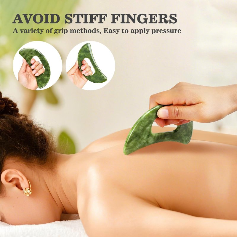 CekPo 2 in 1 Jade Stone Gua Sha Massage Tool, Large Guasha Muscle Scraper Tools Set with Handle Muscle Scraping Massage Tools Anti Cellulite Spa Acupuncture Tools for Back Neck Leg Lymphatic Drainage