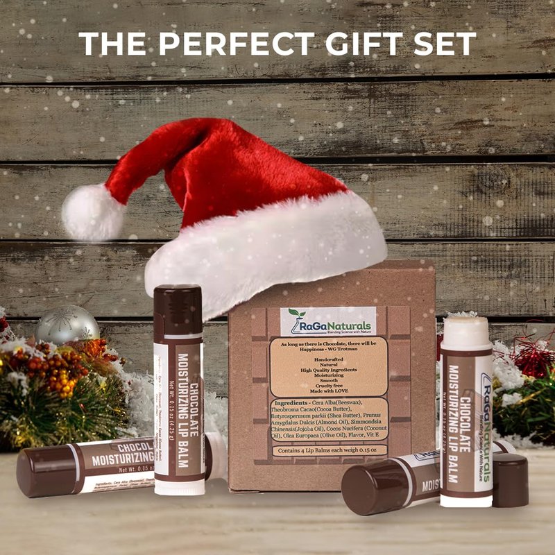 RaGaNaturals Natural Chocolate Lip Balm - Beeswax, Shea Butter, Jojoba Oil, Vitamin E - Smooth, long lasting Hydration, Moisturization for Dry & Cracked Lips - Gift -Handmade in USA (4 Pack)