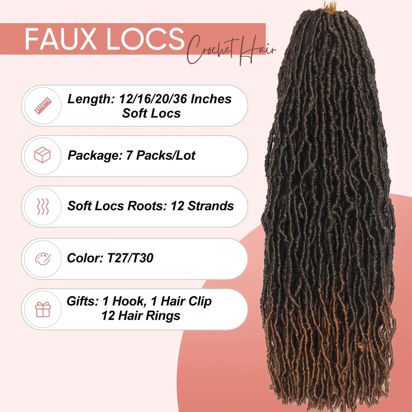 26 Inch Faux Locs Crochet Hair 7 Packs Soft Locs Crochet Hair Pre Looped Locs Hair Braids Goddess Locs Hair Ombre Brown Distressed New Locs for Women T30