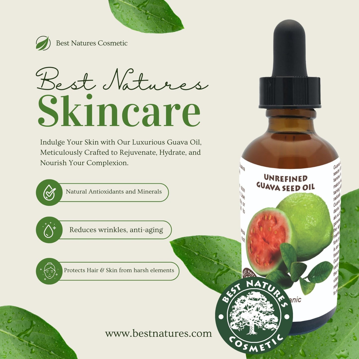 Best Nature's Cosmetics Organic Guava Seed Oil cold pressed for Skin & Hair – Vitamin C Rich, Antioxidant-Rich Hydrating Oil for Glowing Skin & Frizz-Free Hair 2 oz / 60 ml