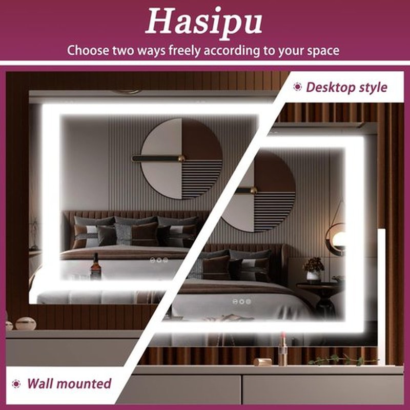 Hasipu Vanity Mirror with Lights, 24.2" x 19.7" LED Makeup Mirror, Light up Mirror with 10X Magnification and USB, Phone Holder, Smart Touch 3 Colors Dimmable, 360° Rotation (Right Angle White)