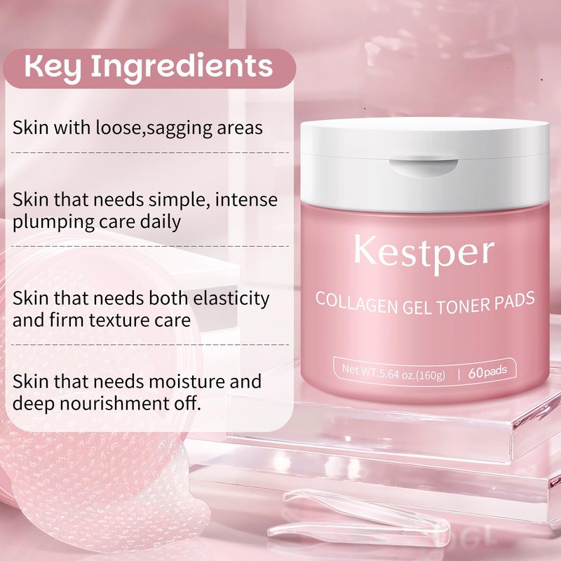 Kestper Collagen Gel Toner Pad for Face - Skin Firming,Improvin Elasticity,Pore Minimizer,Soothing Hydration, Gentle Exfoliating Face Pads,60 Pads