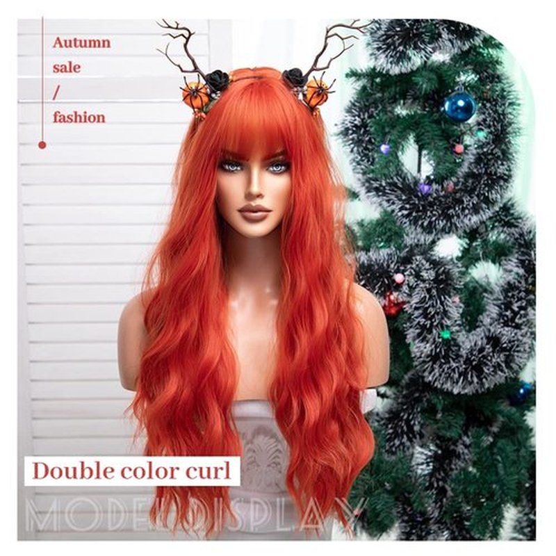 FORCUTEU Orange Wig with Bangs Long Orange Wigs for Women Orange Red Wavy Wigs Orange Heat Resistant Wigs for Daily Party Halloween Cosplay (Orange 26inch)