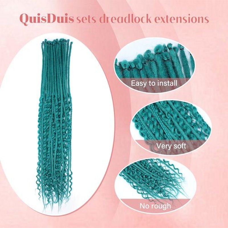Quiduis 30 Inch 30 Strands SE Dreadlock Extensions,3 In 1 Mixed Synthetic Dreads Extensions,Teal Green Curly&Straight&Boho Single Ended Dreads Extensions Hippie Style Dreadlock for Women