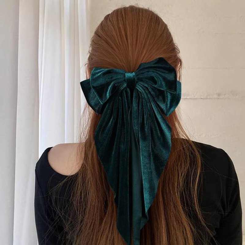 Green Velvet Large Hair Bow Long Tail Bowknot Hair Barrette Clip 8.26 Inch Women Girls Fall Winter Ponytail Holder Hair Accessories