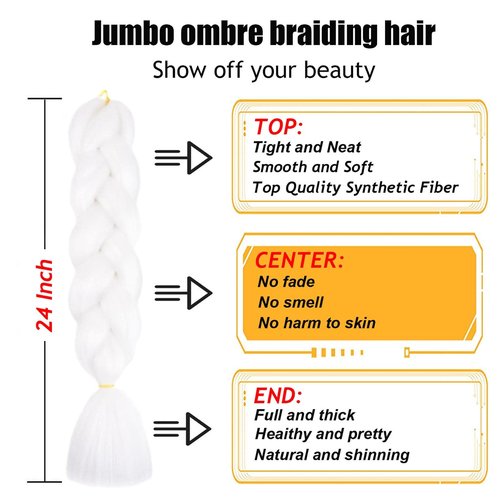 TENGSHUO FLY White Braiding Hair 3 Packs Synthetic Braid Hair Extensions Jumbo Ombre Braiding Hair 24 Inch or Box Braids Twist Crochet Braids(24"3Pack,White(60#)