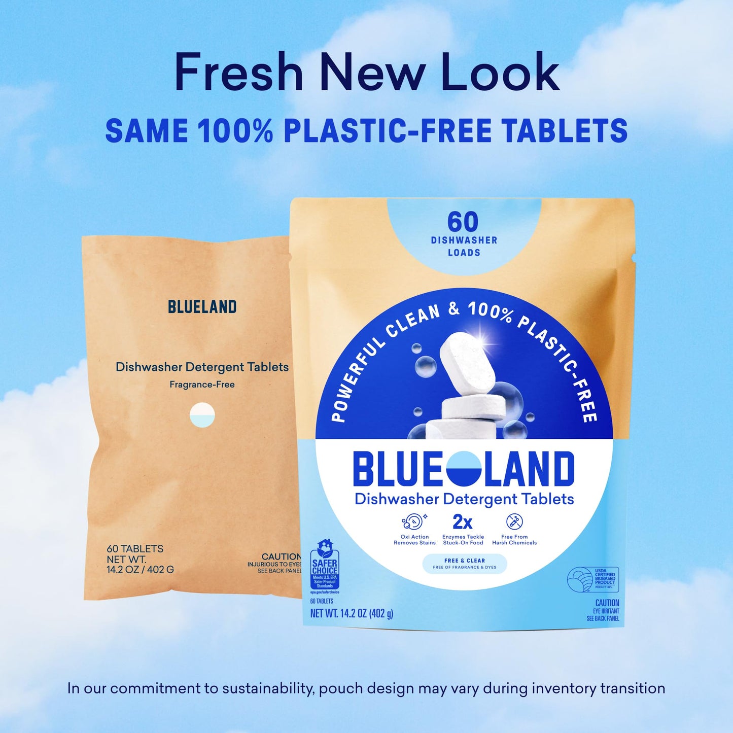 BLUELAND 100% Plastic-Free Dishwasher Detergent Tablets, 60 Count, Free & Clear, Eco-Friendly Dishwashing Pods, Cuts Grease & Stuck on Food, Rinses Clean for Streak-Free Shine