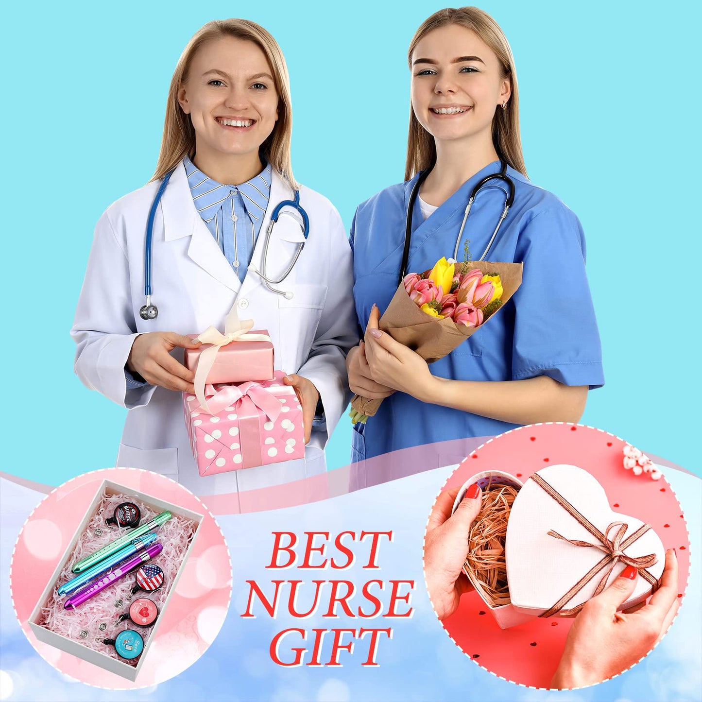 24 Pcs Nurse Week Gifts Set Nurse Accessories for Work Set Nurse Penlight Nurse Makeup Bags Cosmetic Bag Nurse Badge Reel Gifts for Nurse Nursing Student Christmas Gifts (Fresh Pattern)