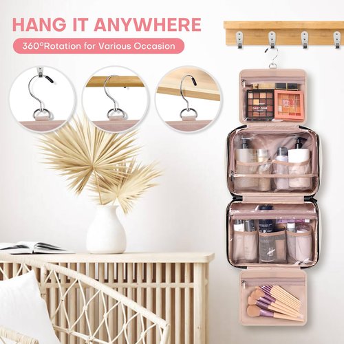 HXLGMD Travel Toiletry Bag for Women, Portable Makeup Cosmetic Bag with Hanging Hook, Travel Essentials 3 in 1 Packing Organizer Travel Bag for Accessories, Shampoo, Full-size Container, Toiletries