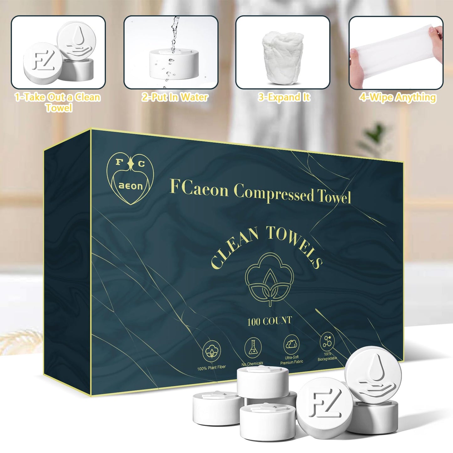 Fcaeon Disposable Face Towel 48 Pcs Compressed Towel Tablets With 6 Dispenser Bottles Gentle Washcloths for Sensitive Skin Facial Cleansing Makeup Removal Skincare Routine Travel Cloths (Blue)