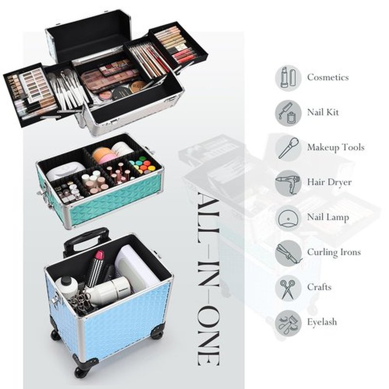 Adazzo Professional Rolling Makeup Train Case 3 in 1 Aluminum Trolley Case with 360° Rotation Wheels for Makuep Artist Cosmetic Suitcase Organizer with Lock and Key Diamond Pattern - Turquoise Cascade