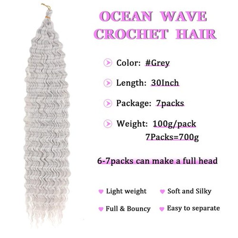 ZRQ Grey Ocean Wave Crochet Hair 30 Inch 7 Packs Long Deep Wave Crochet Hair Wavy Bohemian Braiding Hair Deep Twist Crochet Hair Synthetic Curly Crochet Hair For Women #Grey