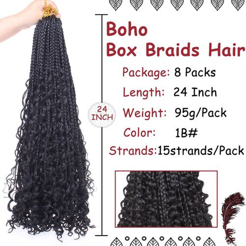 Beverlee 24 Inch Boho Box Braids 8 Packs Goddess Box Braids Crochet Hair Bohemian Hippie Braids Braiding Hair Box Braids with Curly Ends Messy Pre-looped Synthetic Crochet Hair for Black Women 1B#