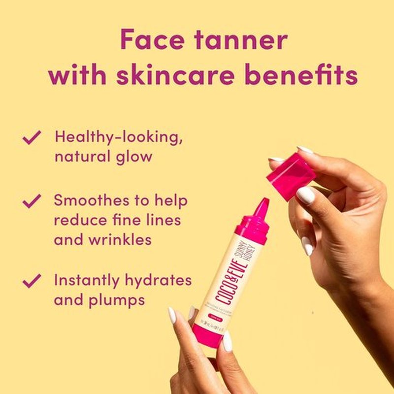 Coco & Eve Sunny Honey Bronzing Face Drops (Dark), Natural, Hydrating Hyaluronic Acid. Indoor Sunless Moisturizing Self Tanner. (1 fl oz)