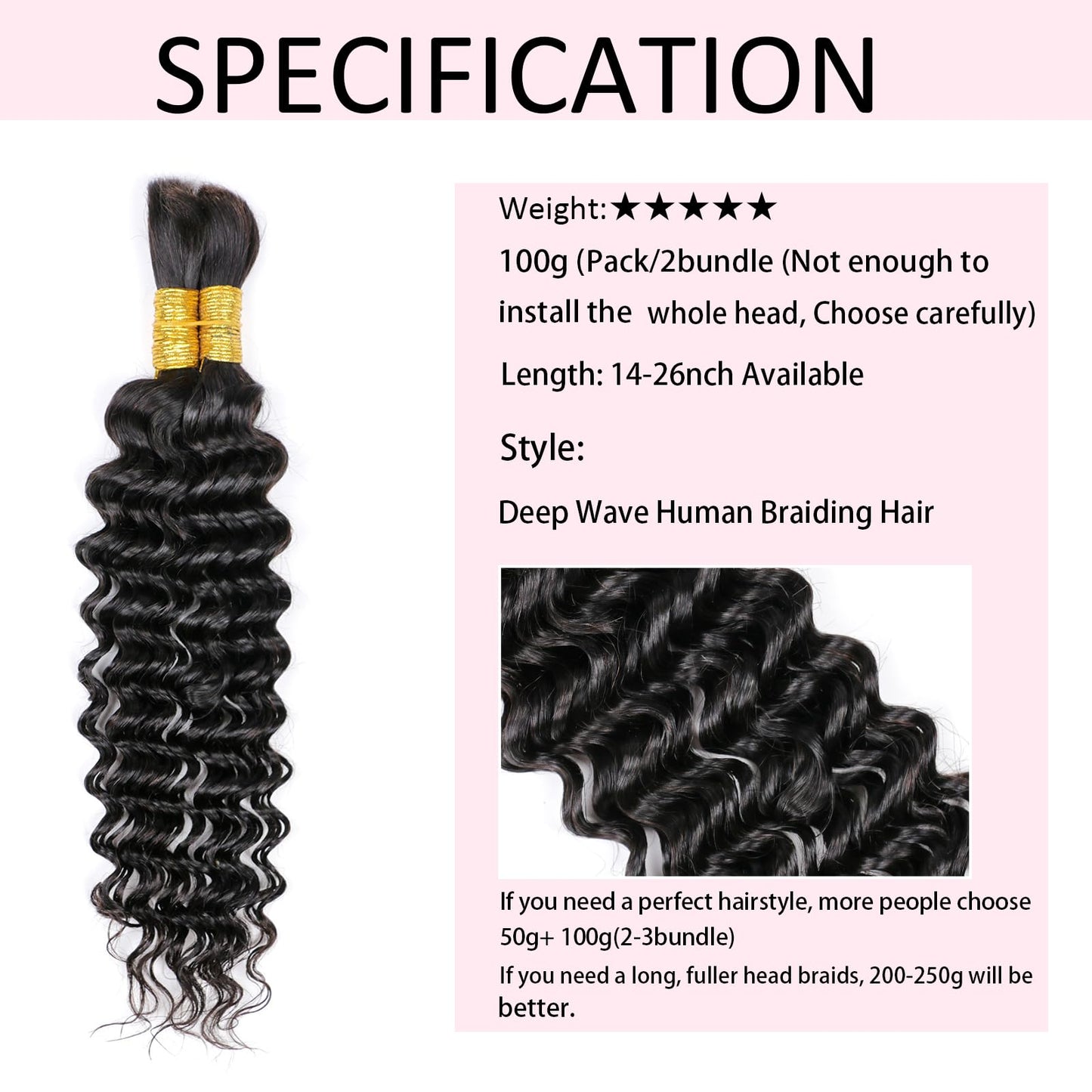 Deep Wave Bulk Human Braiding Hair 26 Inch 50g 1 Bundle/Pack No Weft Human Hair Bundles for Braiding 100 Percent Human Hair Deep Curly Braiding Hair for Boho Braids Natural Color