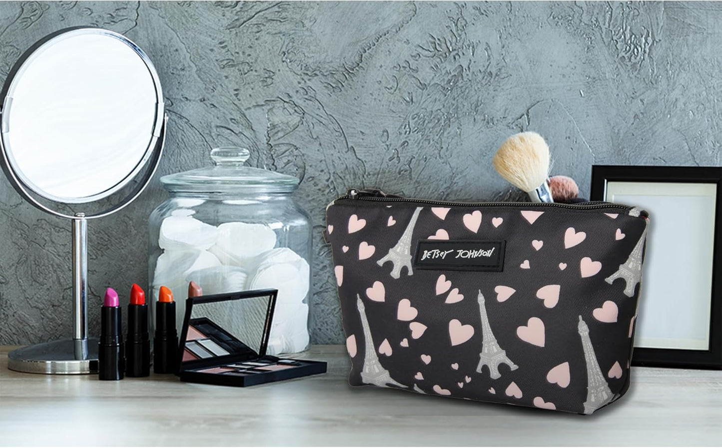 Betsey Johnson 8.5 Inch Zipper Cosmetic Pouch Small Toiletry Bag–Lightweight Durable Polyester Organizer with Inner Zipped Pocket Good For Makeup Accessories and Travel Needs (Covered Rose)