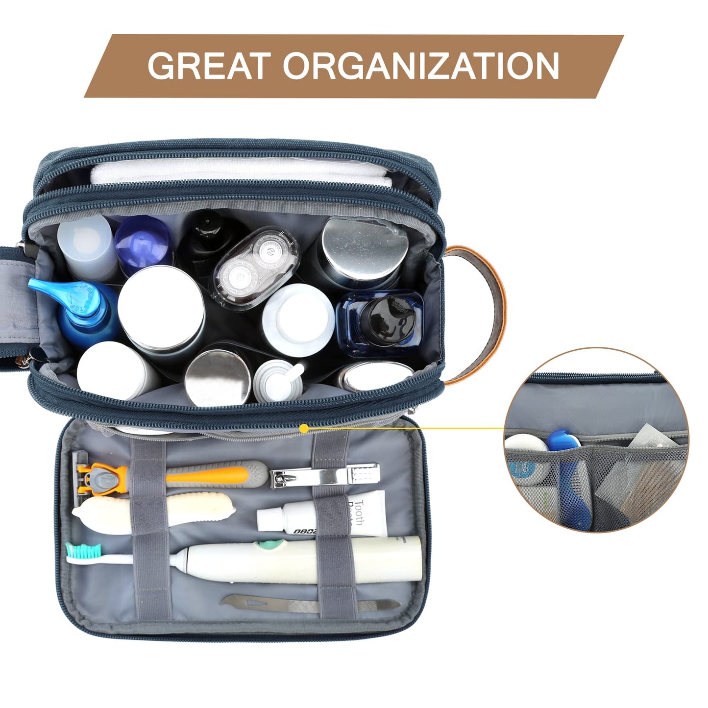 BAGSMART Toiletry Bag for Men, Canvas Travel Toiletry Organizer Dopp Kit Water-resistant Shaving Bag for Toiletries Accessories,Navy Blue-Medium