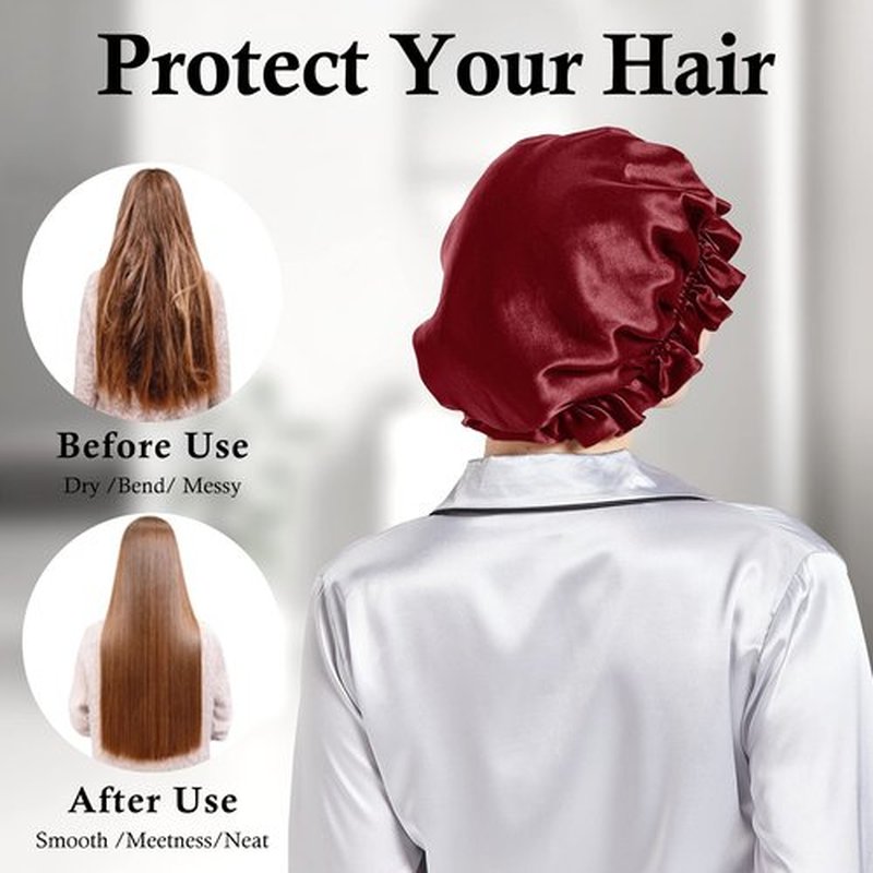 Silk Bonnet for Hair Care, Natural Silk Cap for Sleeping and Shower, Double-Lined, 6A-grade Mulberry Silk Turban Red Wine
