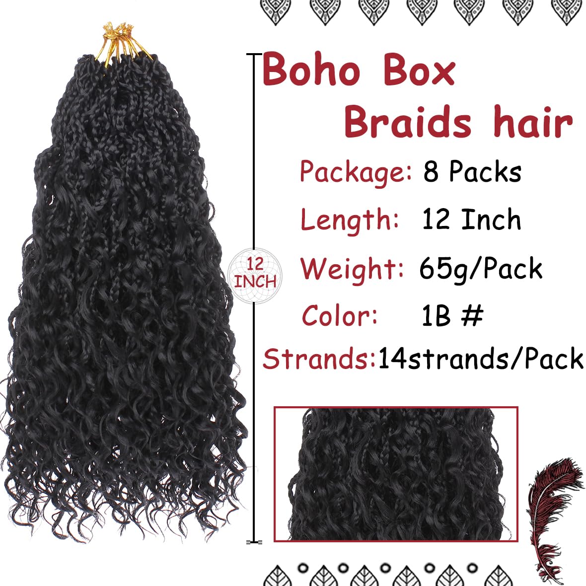 Beverlee Goddess Box Braids Crochet Hair 12 Inch Boho Box Braids 8 Packs Crochet Hair Bohemian Box Braids Crochet Braids Box Braids Curly Ends Messy Pre-looped Synthetic Curly Crochet Hair for Women