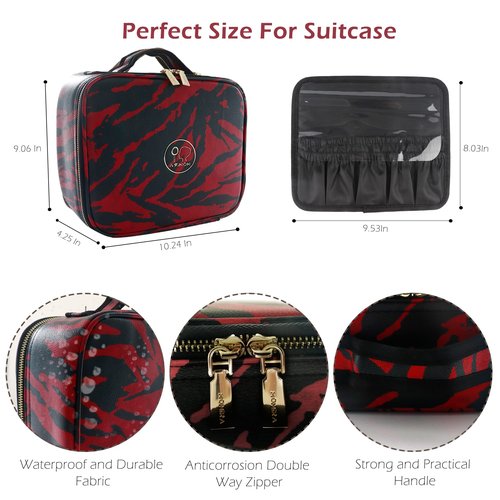 MOMIRA Travel Makeup Bag With LED Mirror,Train Case with Light up Mirror, Portable Makeup Artist Organizer Bag with Adjustable Dividers, Makeup Brush Holder Storage(Zebra Red)