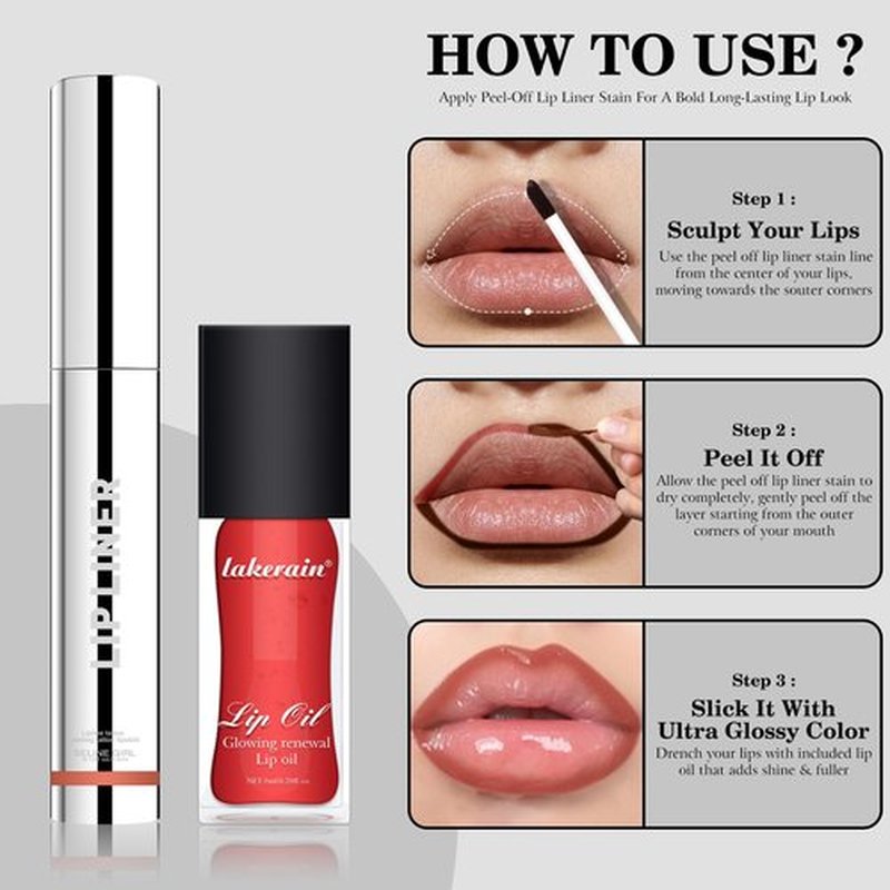 Wugbc Peel Off Lip Stain Pinked, Lip Tint Stain Peel Off Long Lasting Tattoo Lip Liner and Lipstick Combo Set Long Wear Lip Liner Stain Peeling Matte Finish with Hydrating Lip Gloss for Women Makeup