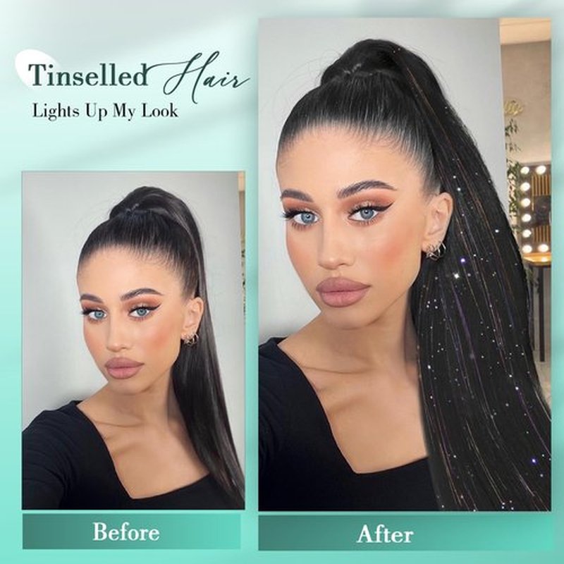 WIGER Long Straight Ponytails Tinselled Straight Hair Extension Wrap Around 26 Inch Black Synthetic Clip-in Hairpiece with Tinsel for Women