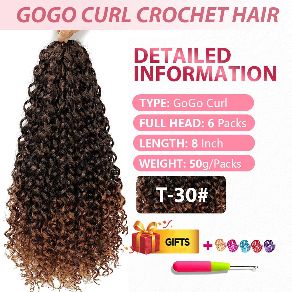 GoGo Curl Crochet Hair Water Wave Crochet Hair Water Wave Crotchet Braiding Hair (8 Inch (Pack of 6), 1B/30#)