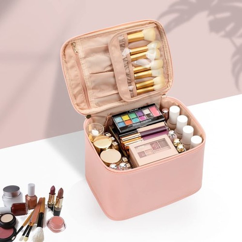 OCHEAL Makeup Bag, Portable Cosmetic Bag, Large Capacity Travel Makeup Case Organizer, Black Makeup Bags For Women Toiletry Bag for Girls Traveling With Handle and Divider-Pink large