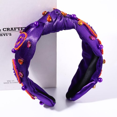 JERTOCLE Football Knotted Headbands for Women Game Day Sports Headband Pearl Crystal Bejeweled Wide Top Knot Hairband Game Day Hair Accessories (Purple Orange)
