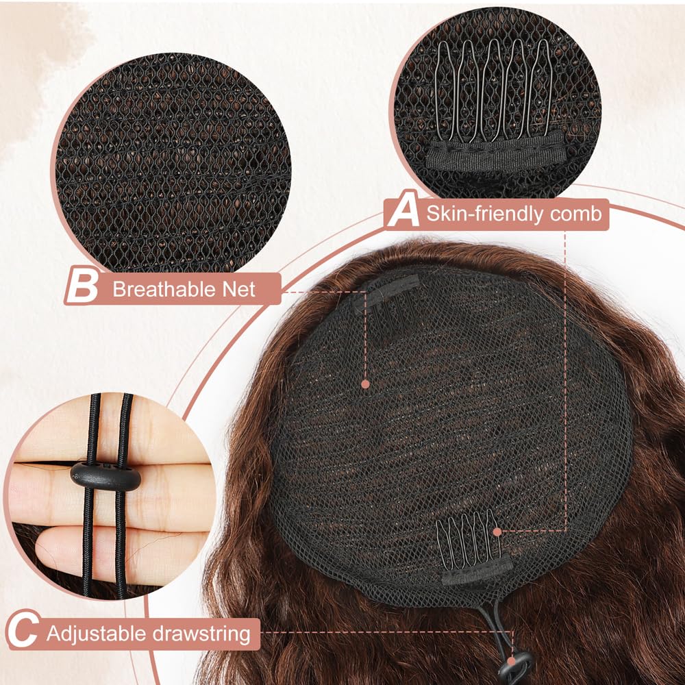 ALXNAN Wavy Curly Ponytail Extension, Long Soft 18" Ombre Auburn Drawstring Ponytail for Black Women Natural Synthetic Hairpiece Thick For Daily Use