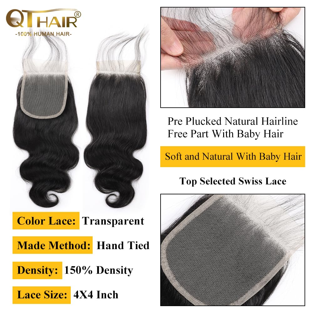 QTHAIR 14A Grade Brazilian Virgin Body Wave Hair Hair Bundle/Closure/Frontal 100% Unprocessed Brazilian Body Wave Human Hair Extensions (22", 4x4 Closure)