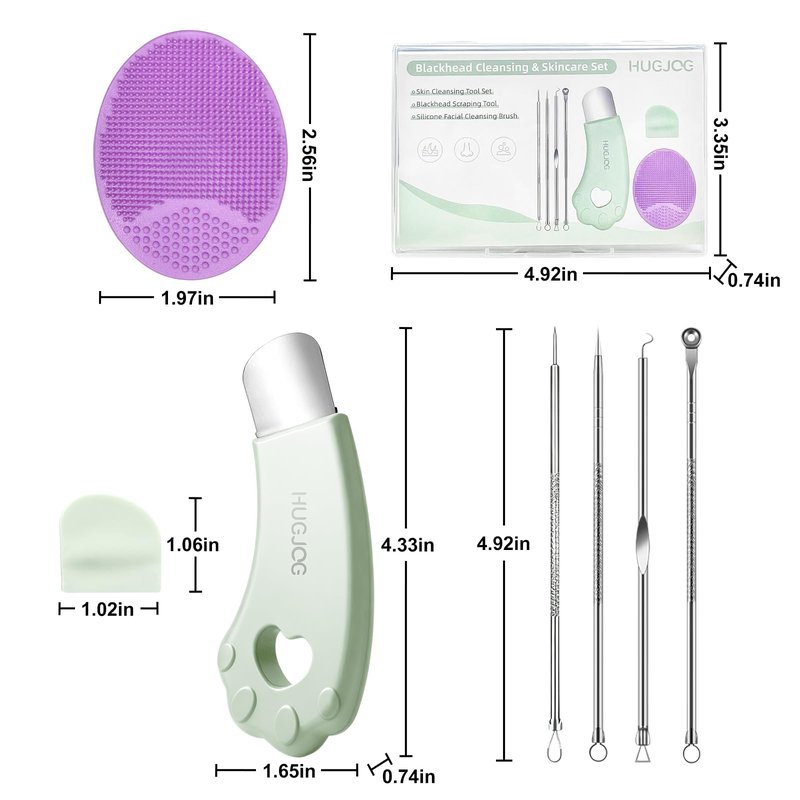 HUGJOG Blackhead Remover Tools for Face, Black Head Remover for Nose, 304 Stainless Steel Pore Extractor Spatula for Deep Pore Cleaning with Soft Silicone Cleansing Brush & 4 Blackhead Needles