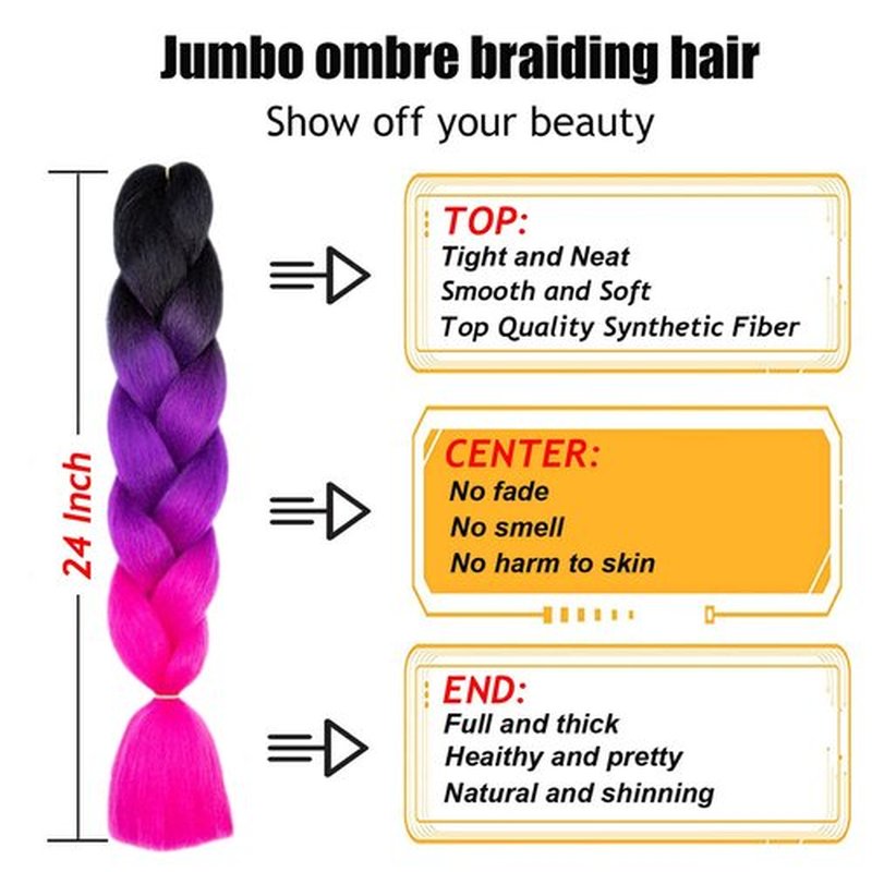 TENGSHUO FLY Black to Purple to Rose Red Braiding Hair 6 Packs Synthetic Braid Hair Extensions Jumbo Ombre Braiding Hair 24" or Box Braids Twist Crochet Braids(24"6Pack,Black to Purple to Rose Red)
