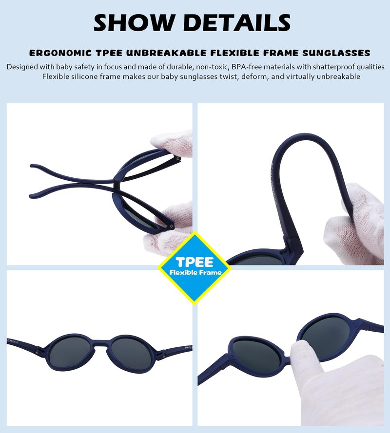 NULOOQ Polarized Baby Sunglasses with Silicone Strap - Bendable TPEE Flexible Infant Sunglasses 0-24 Months (Brown/Gray + Navy Blue/Gray) - 2 Pack