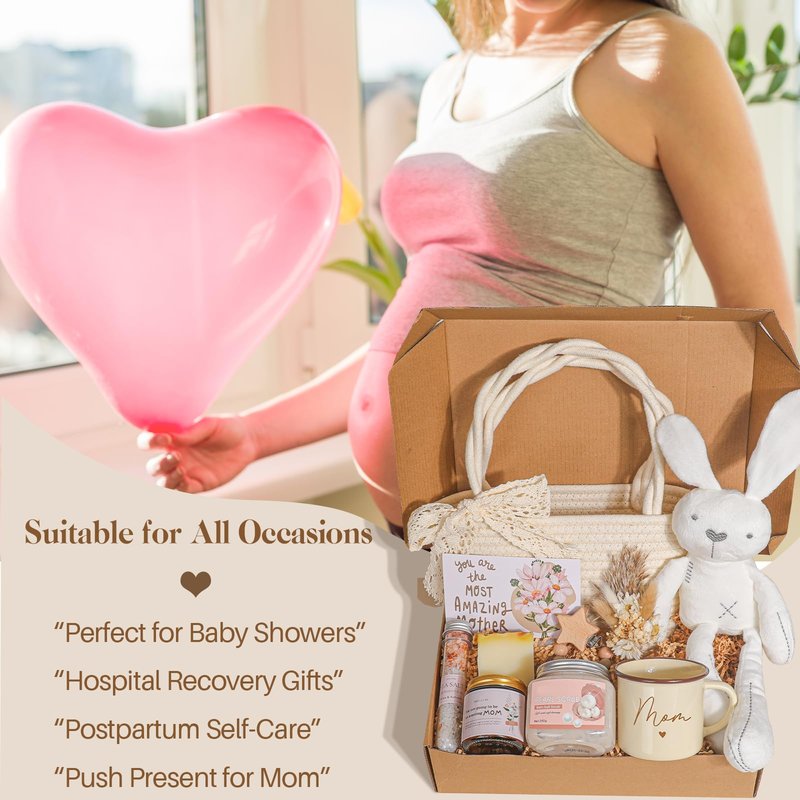 New Mom Gift Basket | New Mom Care Package with Tote Bag, Mug | Spa & Relaxation Set with Rose Bath Salt, Scrub, Handmade Soap & Card – Thoughtful Postpartum Gift for Mommy
